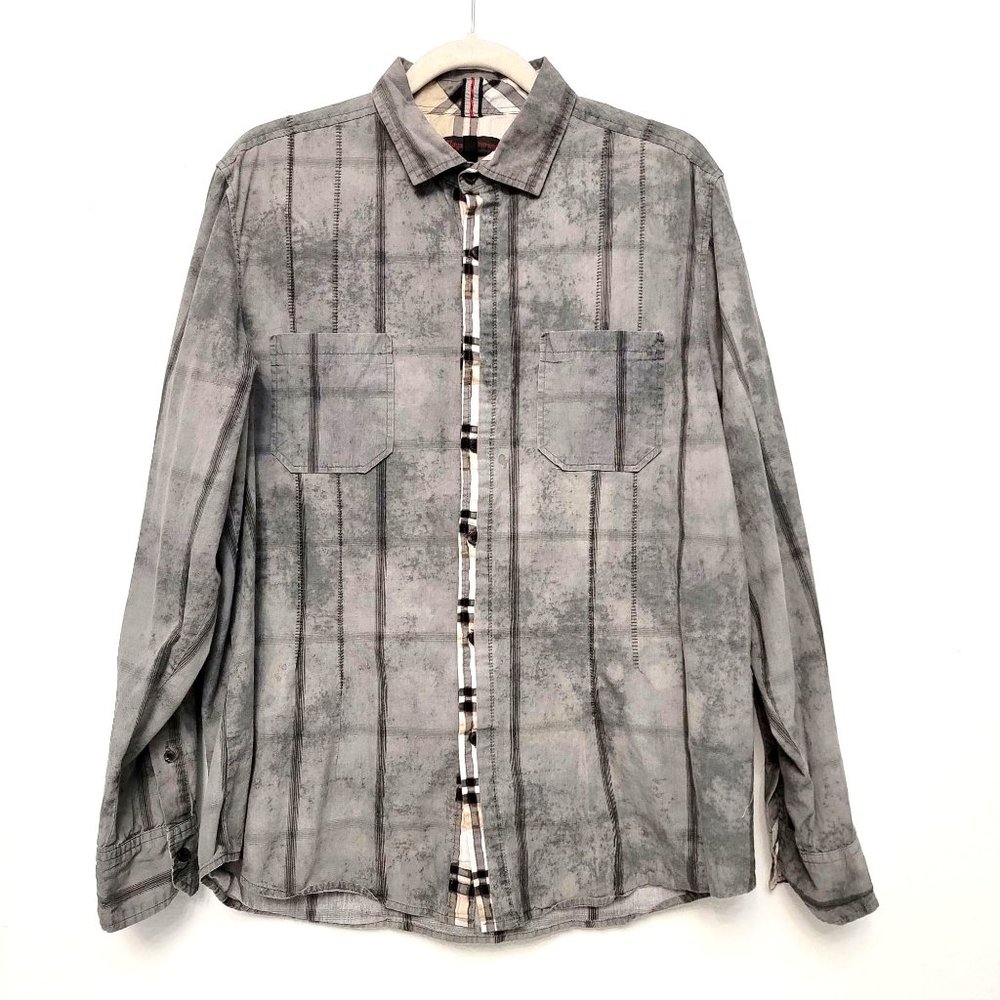 Royal Testimony Gray Black Tie Dye Plaid Accented L/S Button Up Shirt Size XL